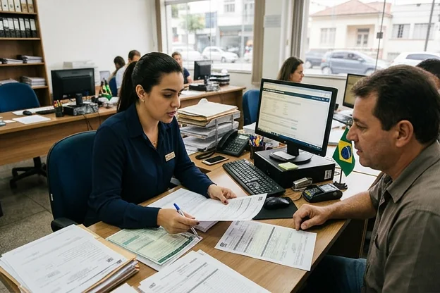 Profissional ajudando cliente com documentação veicular em despachante em Belo Horizonte.