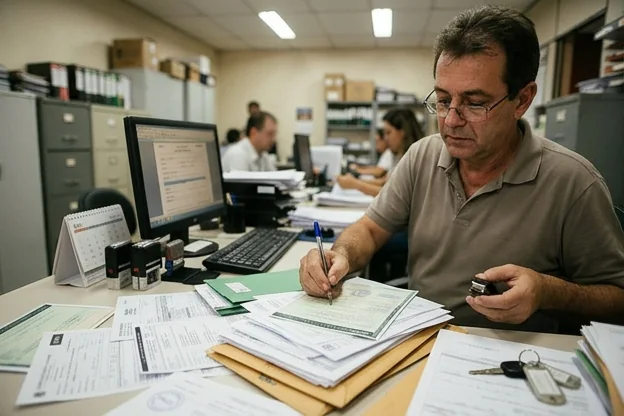 Profissional organizando documentação para licenciamento de veículo em um despachante em Belo Horizonte.
