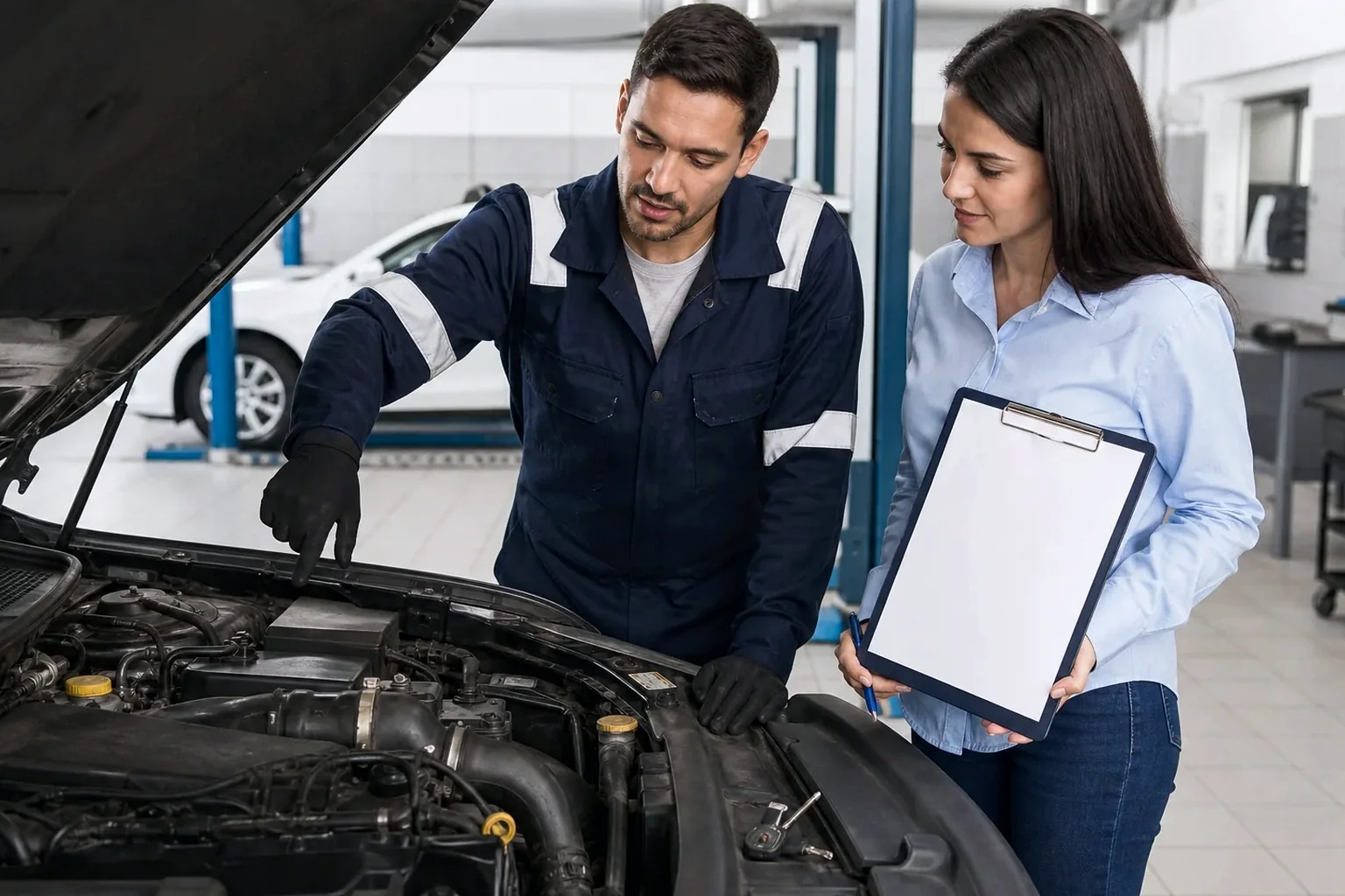Profissional registrando motor de veículo, com ambiente de trabalho de despachante ao fundo.